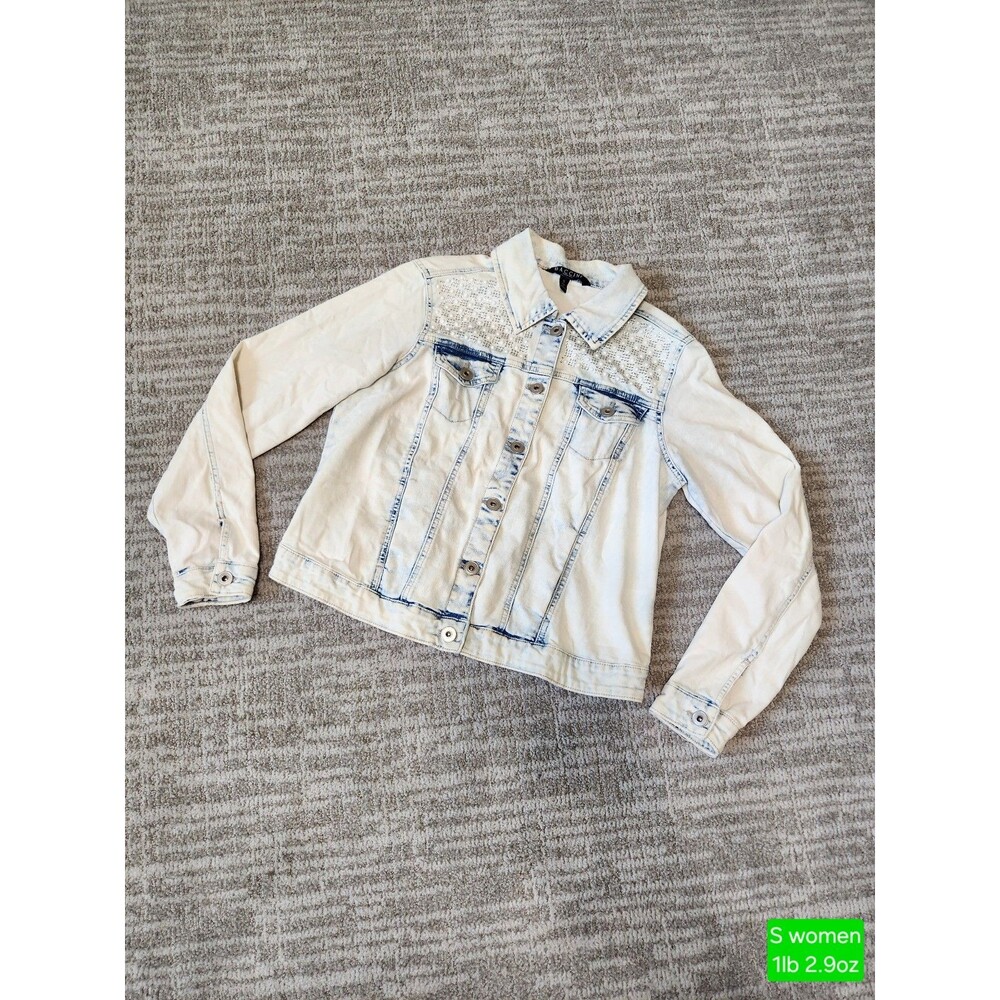 Baccini Women's Acid Wash Bleached Denim Jacket faux pearl rhinestone size S